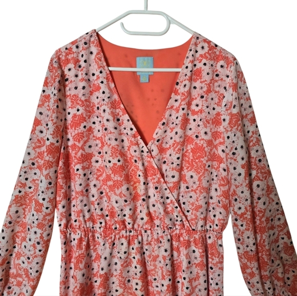 CeCe By Cynthia Steffens Coral Pop Gemma Surplice Long Sleeve Dress Size 12 - Picture 3 of 15